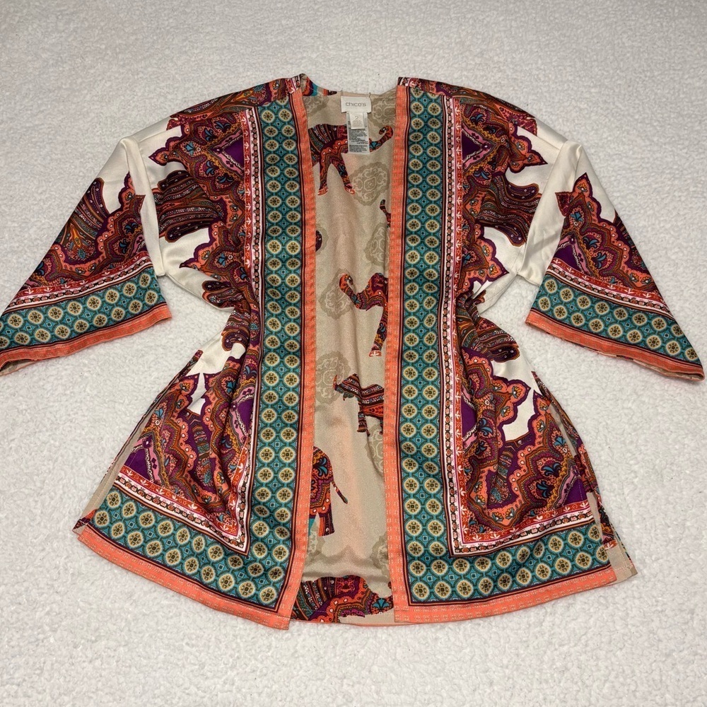 Chico’s Women Multicolor Print Reversible Short Open Kimono